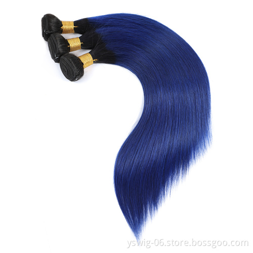 Peruvian Hair 1b/blue# Ombre Bundles Straight Hair Bundles with Closure, Remy Human Hair Weave Bundles With Closure
